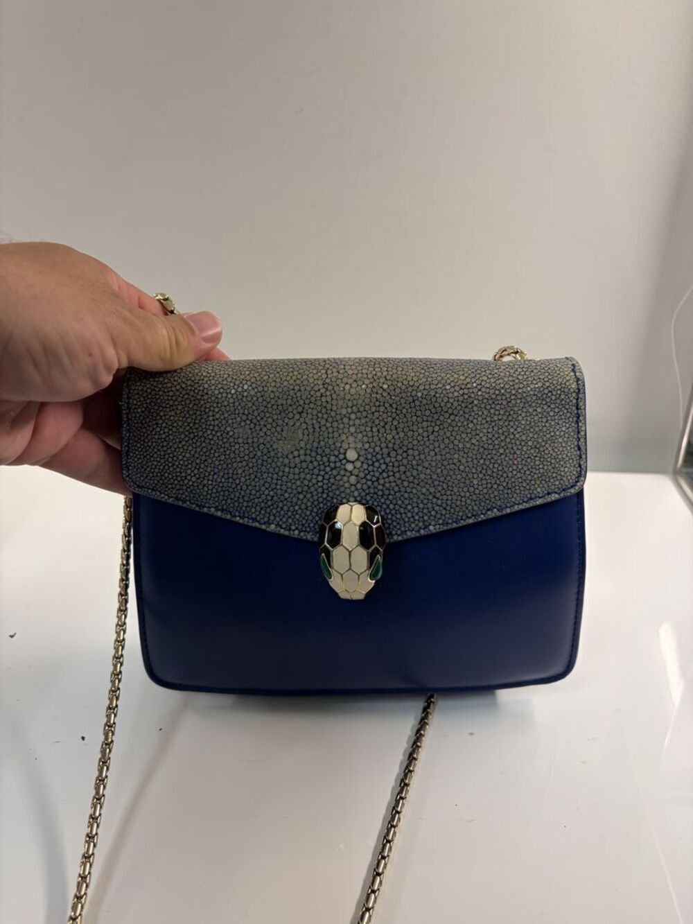 Bvlgari Serpenti Forever Galuchat Blue Leather Flap Bag